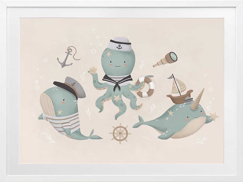 A playful underwater crew with a sailor octopus and a friendly narwhal among nautical accents in neutral blues, from the Little Tails Collection by Urban Road.