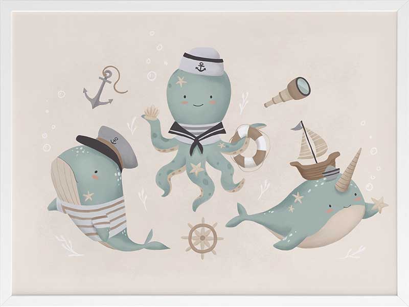 A playful underwater crew with a sailor octopus and a friendly narwhal among nautical accents in neutral blues, from the Little Tails Collection by Urban Road.