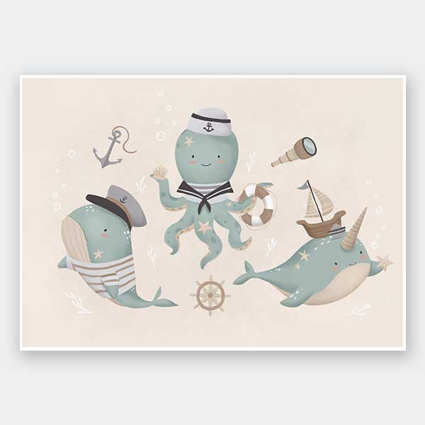 A playful underwater crew with a sailor octopus and a friendly narwhal among nautical accents in neutral blues, from the Little Tails Collection by Urban Road.