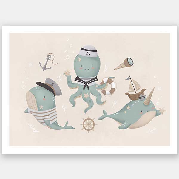 A playful underwater crew with a sailor octopus and a friendly narwhal among nautical accents in neutral blues, from the Little Tails Collection by Urban Road.