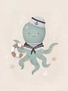 Illustration of Ollie the octopus in sailor attire holding a lantern with bubbles and stars in a neutral blue palette, from the Little Tails Collection by Urban Road.