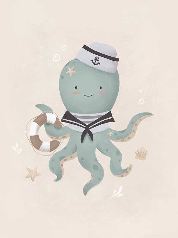 Illustration of Ollie the octopus in sailor attire holding a lantern with bubbles and stars in a neutral blue palette, from the Little Tails Collection by Urban Road.