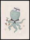 Illustration of Ollie the octopus in sailor attire holding a lantern with bubbles and stars in a neutral blue palette, from the Little Tails Collection by Urban Road.