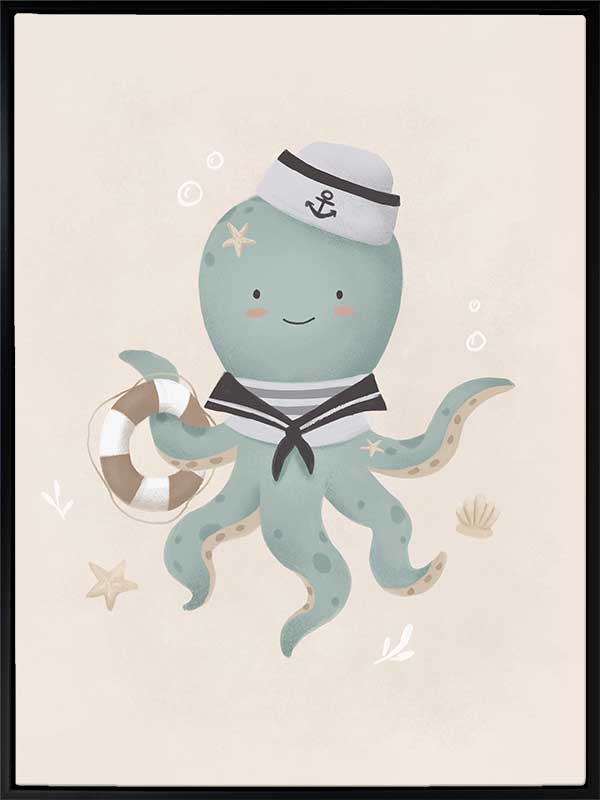 Illustration of Ollie the octopus in sailor attire holding a lantern with bubbles and stars in a neutral blue palette, from the Little Tails Collection by Urban Road.