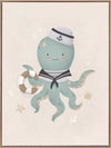 Illustration of Ollie the octopus in sailor attire holding a lantern with bubbles and stars in a neutral blue palette, from the Little Tails Collection by Urban Road.
