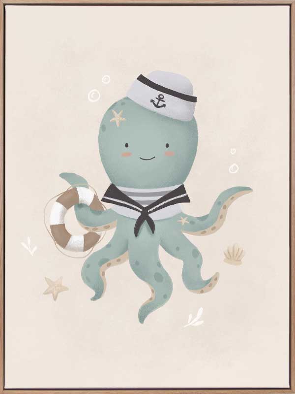 Illustration of Ollie the octopus in sailor attire holding a lantern with bubbles and stars in a neutral blue palette, from the Little Tails Collection by Urban Road.