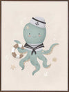Illustration of Ollie the octopus in sailor attire holding a lantern with bubbles and stars in a neutral blue palette, from the Little Tails Collection by Urban Road.