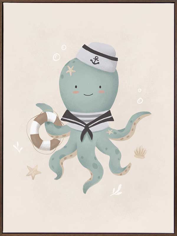 Illustration of Ollie the octopus in sailor attire holding a lantern with bubbles and stars in a neutral blue palette, from the Little Tails Collection by Urban Road.