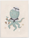 Illustration of Ollie the octopus in sailor attire holding a lantern with bubbles and stars in a neutral blue palette, from the Little Tails Collection by Urban Road.