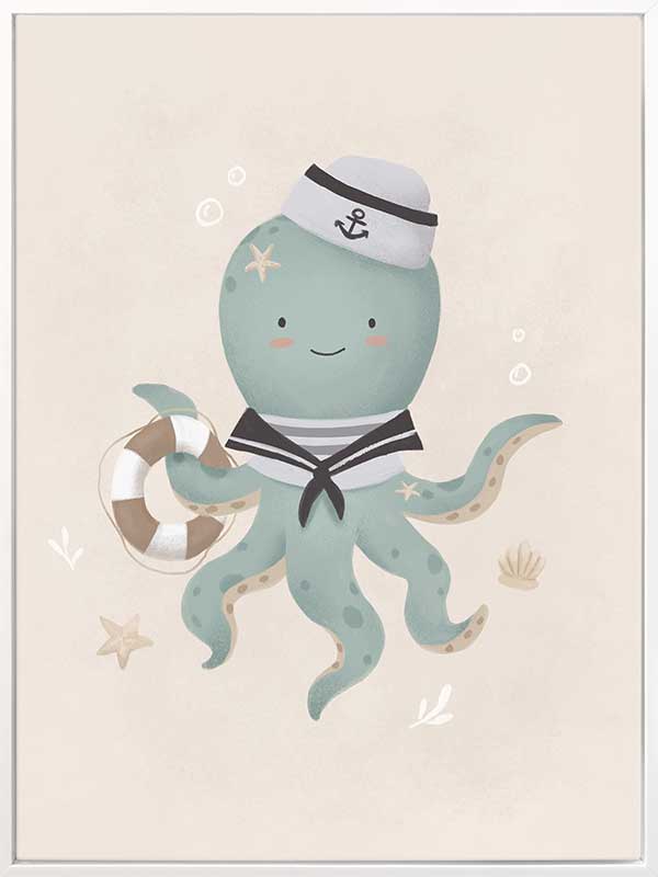 Illustration of Ollie the octopus in sailor attire holding a lantern with bubbles and stars in a neutral blue palette, from the Little Tails Collection by Urban Road.
