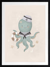 Illustration of Ollie the octopus in sailor attire holding a lantern with bubbles and stars in a neutral blue palette, from the Little Tails Collection by Urban Road.