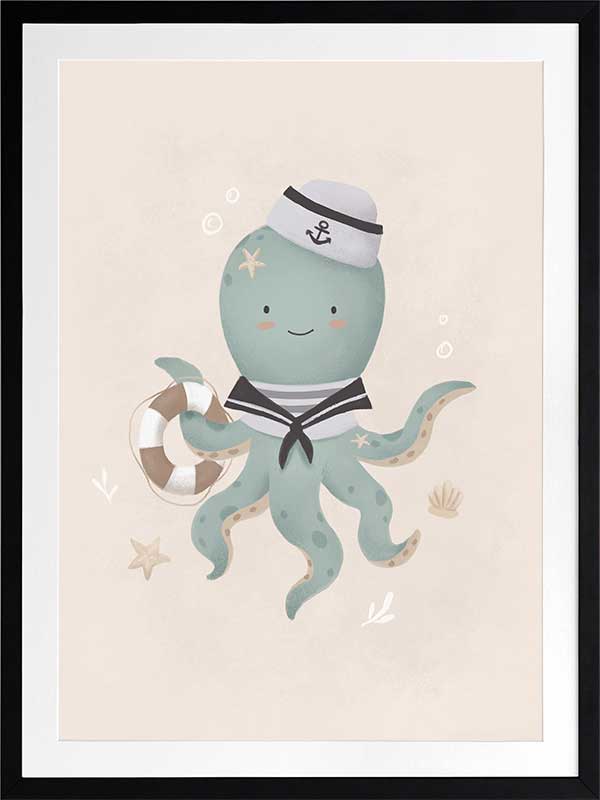 Illustration of Ollie the octopus in sailor attire holding a lantern with bubbles and stars in a neutral blue palette, from the Little Tails Collection by Urban Road.