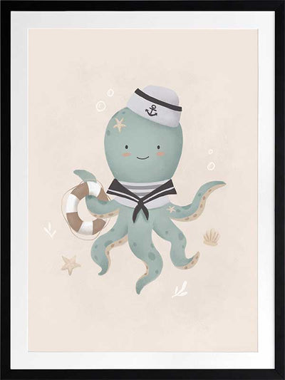 Illustration of Ollie the octopus in sailor attire holding a lantern with bubbles and stars in a neutral blue palette, from the Little Tails Collection by Urban Road.