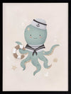 Illustration of Ollie the octopus in sailor attire holding a lantern with bubbles and stars in a neutral blue palette, from the Little Tails Collection by Urban Road.