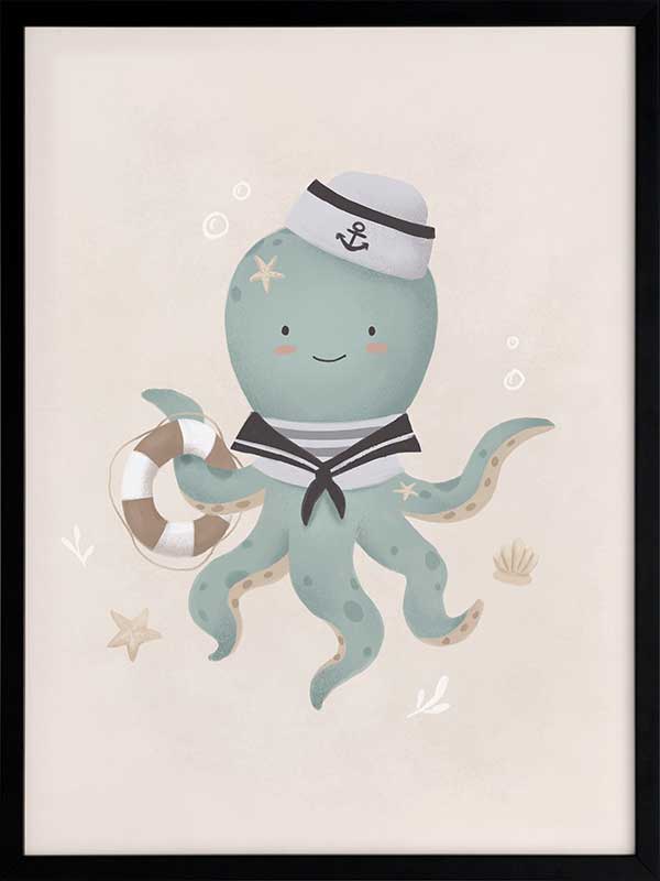 Illustration of Ollie the octopus in sailor attire holding a lantern with bubbles and stars in a neutral blue palette, from the Little Tails Collection by Urban Road.