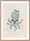 Illustration of Ollie the octopus in sailor attire holding a lantern with bubbles and stars in a neutral blue palette, from the Little Tails Collection by Urban Road.
