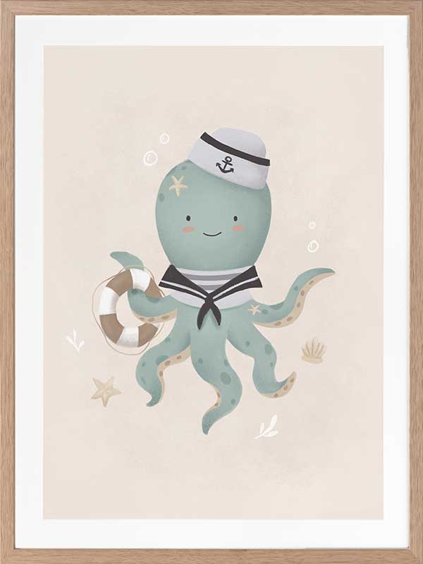 Illustration of Ollie the octopus in sailor attire holding a lantern with bubbles and stars in a neutral blue palette, from the Little Tails Collection by Urban Road.