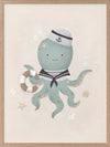 Illustration of Ollie the octopus in sailor attire holding a lantern with bubbles and stars in a neutral blue palette, from the Little Tails Collection by Urban Road.