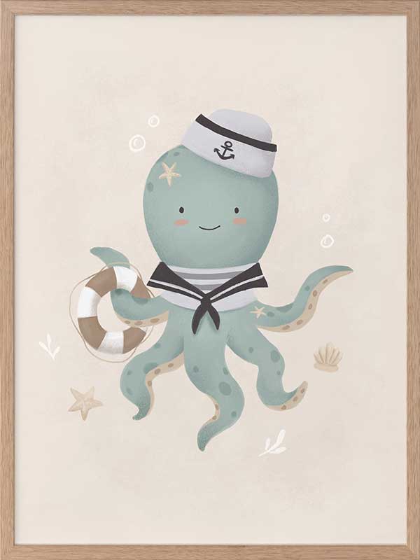 Illustration of Ollie the octopus in sailor attire holding a lantern with bubbles and stars in a neutral blue palette, from the Little Tails Collection by Urban Road.