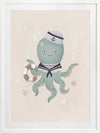 Illustration of Ollie the octopus in sailor attire holding a lantern with bubbles and stars in a neutral blue palette, from the Little Tails Collection by Urban Road.