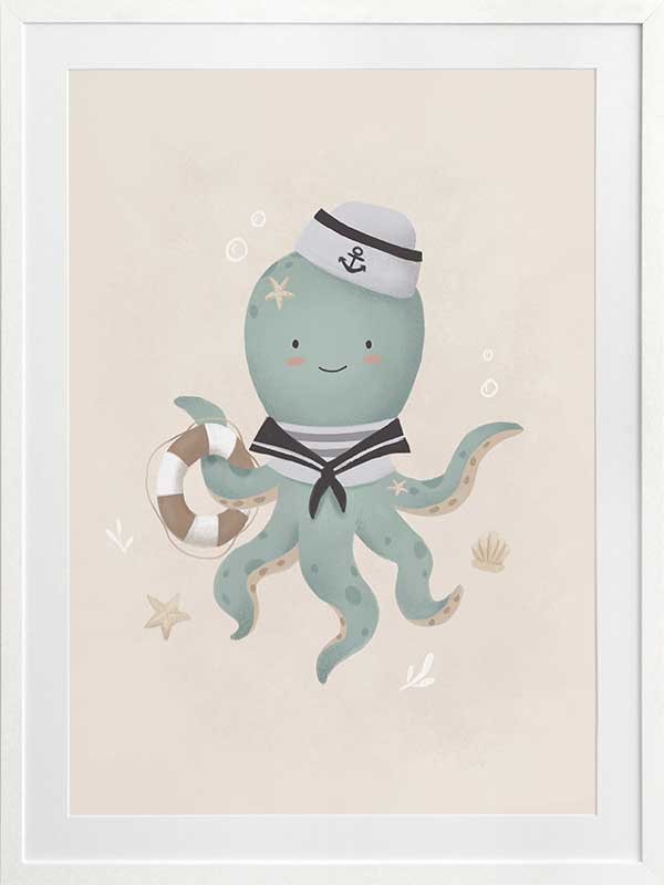 Illustration of Ollie the octopus in sailor attire holding a lantern with bubbles and stars in a neutral blue palette, from the Little Tails Collection by Urban Road.