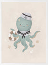 Illustration of Ollie the octopus in sailor attire holding a lantern with bubbles and stars in a neutral blue palette, from the Little Tails Collection by Urban Road.