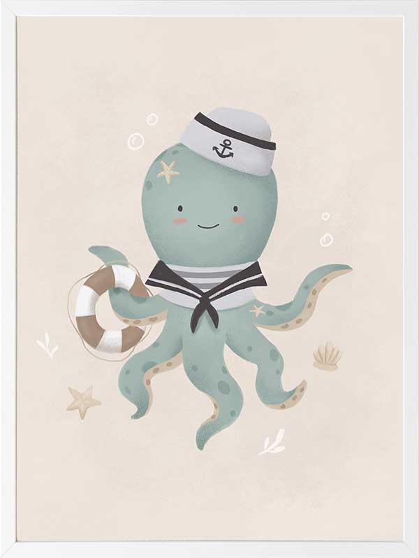 Illustration of Ollie the octopus in sailor attire holding a lantern with bubbles and stars in a neutral blue palette, from the Little Tails Collection by Urban Road.