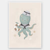 Illustration of Ollie the octopus in sailor attire holding a lantern with bubbles and stars in a neutral blue palette, from the Little Tails Collection by Urban Road.