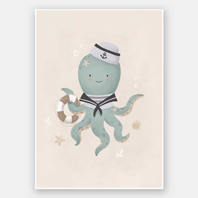 Illustration of Ollie the octopus in sailor attire holding a lantern with bubbles and stars in a neutral blue palette, from the Little Tails Collection by Urban Road.