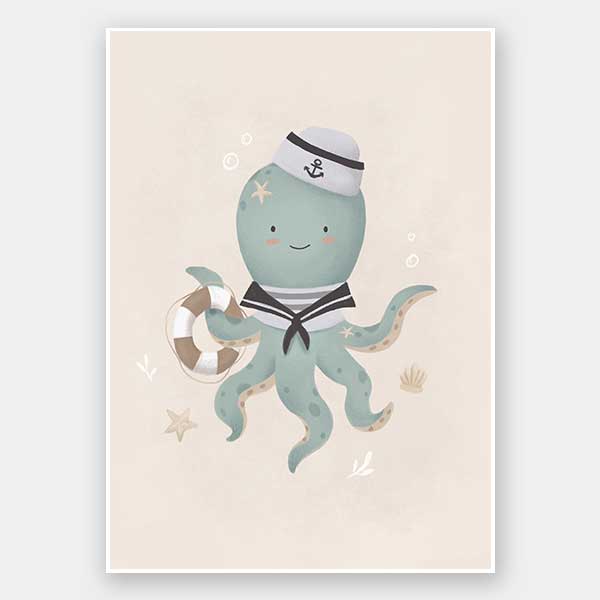 Illustration of Ollie the octopus in sailor attire holding a lantern with bubbles and stars in a neutral blue palette, from the Little Tails Collection by Urban Road.