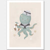 Illustration of Ollie the octopus in sailor attire holding a lantern with bubbles and stars in a neutral blue palette, from the Little Tails Collection by Urban Road.