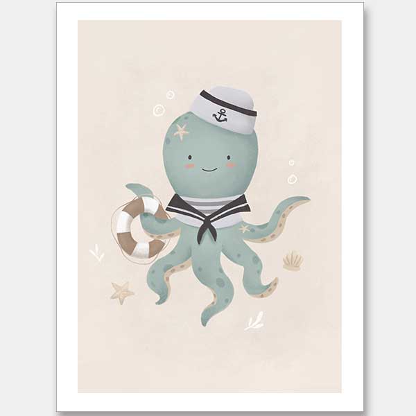 Illustration of Ollie the octopus in sailor attire holding a lantern with bubbles and stars in a neutral blue palette, from the Little Tails Collection by Urban Road.