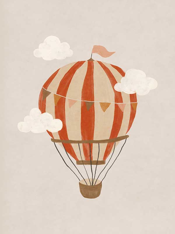 An orange hot air balloon drifts among soft clouds in a whimsical neutral scene, from the Little Tails Collection by Urban Road.