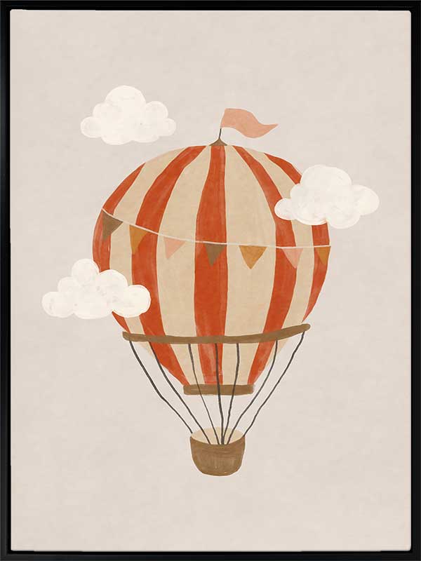 An orange hot air balloon drifts among soft clouds in a whimsical neutral scene, from the Little Tails Collection by Urban Road.