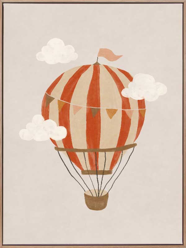 An orange hot air balloon drifts among soft clouds in a whimsical neutral scene, from the Little Tails Collection by Urban Road.