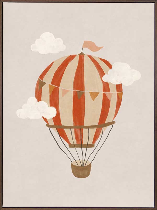 An orange hot air balloon drifts among soft clouds in a whimsical neutral scene, from the Little Tails Collection by Urban Road.