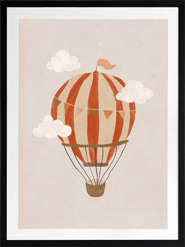 An orange hot air balloon drifts among soft clouds in a whimsical neutral scene, from the Little Tails Collection by Urban Road.