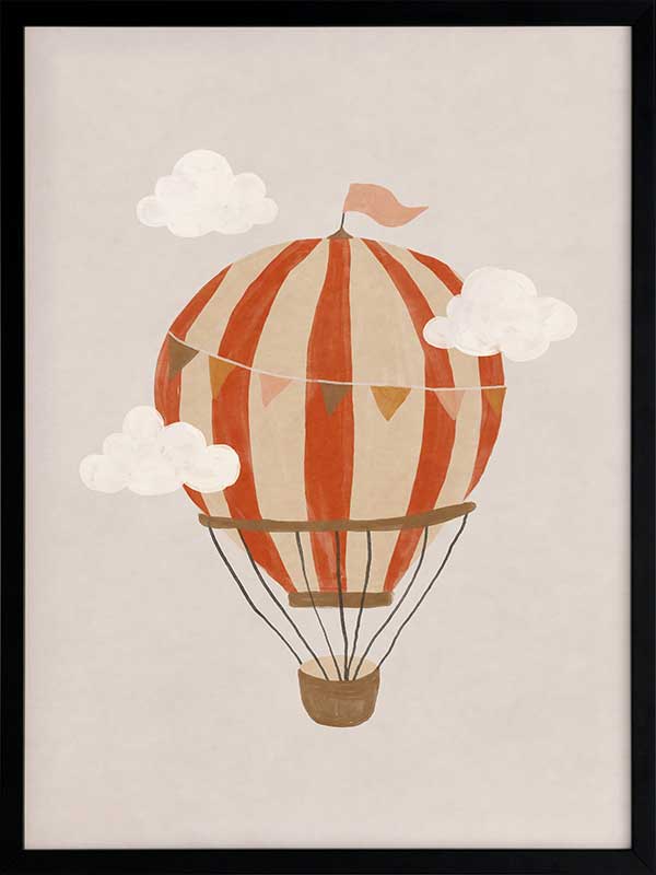An orange hot air balloon drifts among soft clouds in a whimsical neutral scene, from the Little Tails Collection by Urban Road.