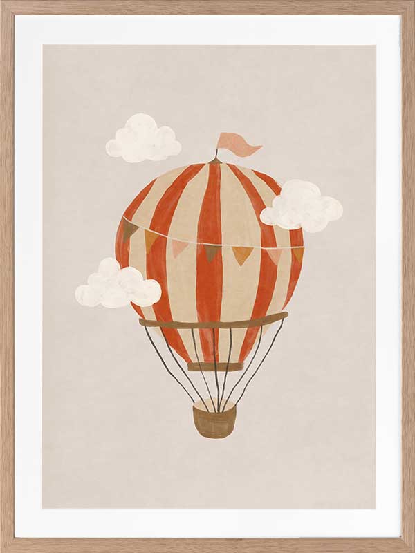 An orange hot air balloon drifts among soft clouds in a whimsical neutral scene, from the Little Tails Collection by Urban Road.
