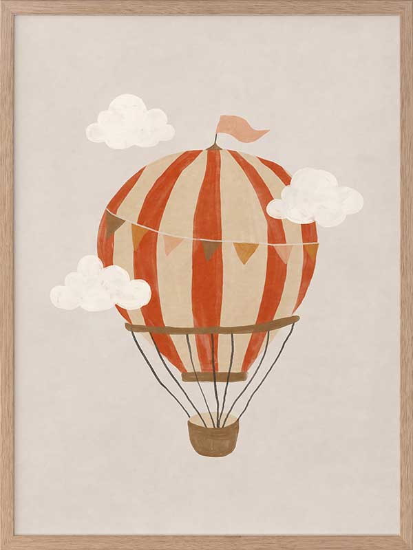 An orange hot air balloon drifts among soft clouds in a whimsical neutral scene, from the Little Tails Collection by Urban Road.