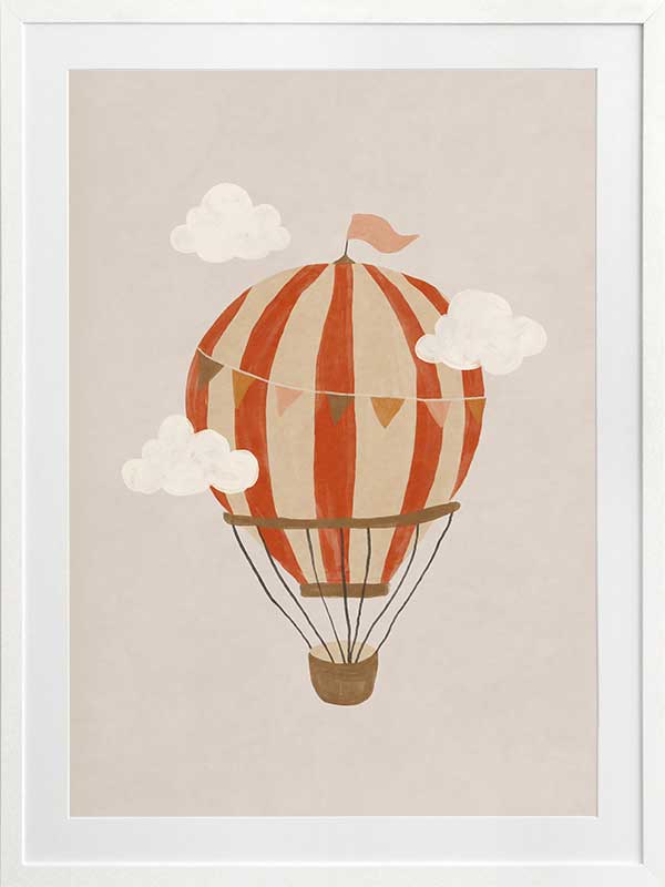 An orange hot air balloon drifts among soft clouds in a whimsical neutral scene, from the Little Tails Collection by Urban Road.
