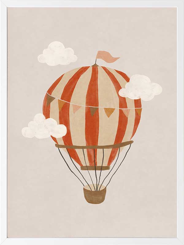 An orange hot air balloon drifts among soft clouds in a whimsical neutral scene, from the Little Tails Collection by Urban Road.
