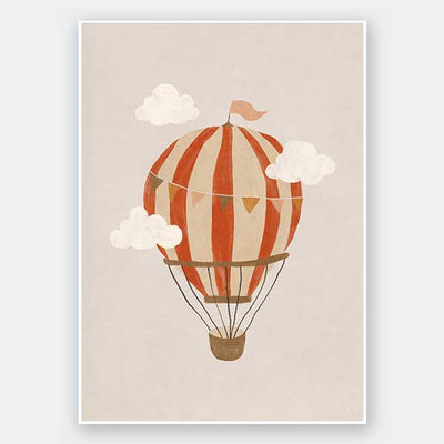 An orange hot air balloon drifts among soft clouds in a whimsical neutral scene, from the Little Tails Collection by Urban Road.