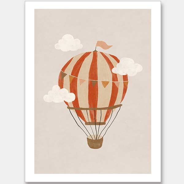 An orange hot air balloon drifts among soft clouds in a whimsical neutral scene, from the Little Tails Collection by Urban Road.