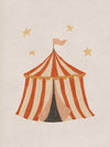 Striped circus tent with stars and a little flag rendered in soft neutral orange tones, from the Little Tails Collection by Urban Road.