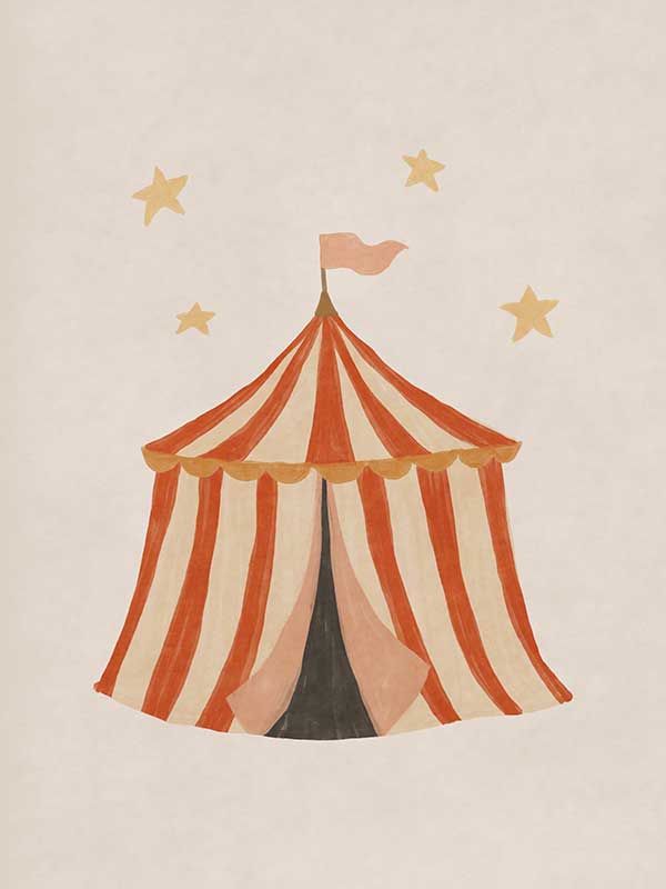 Striped circus tent with stars and a little flag rendered in soft neutral orange tones, from the Little Tails Collection by Urban Road.