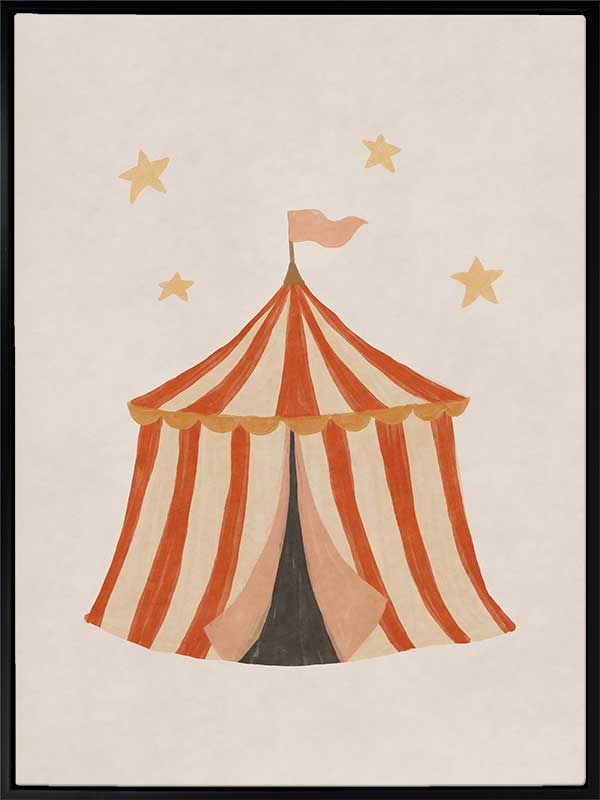 Striped circus tent with stars and a little flag rendered in soft neutral orange tones, from the Little Tails Collection by Urban Road.