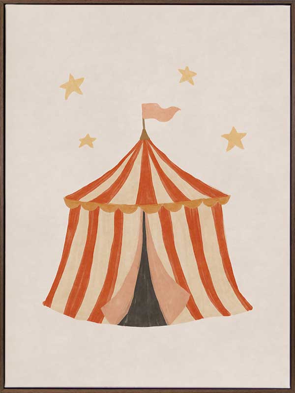 Striped circus tent with stars and a little flag rendered in soft neutral orange tones, from the Little Tails Collection by Urban Road.