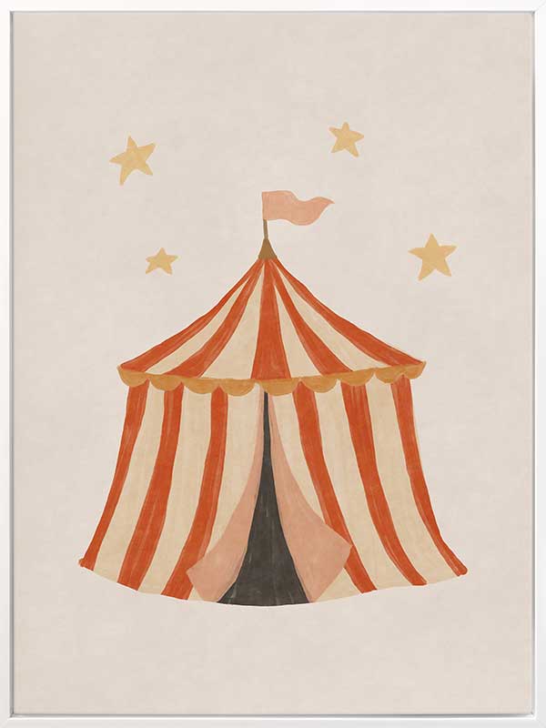 Striped circus tent with stars and a little flag rendered in soft neutral orange tones, from the Little Tails Collection by Urban Road.