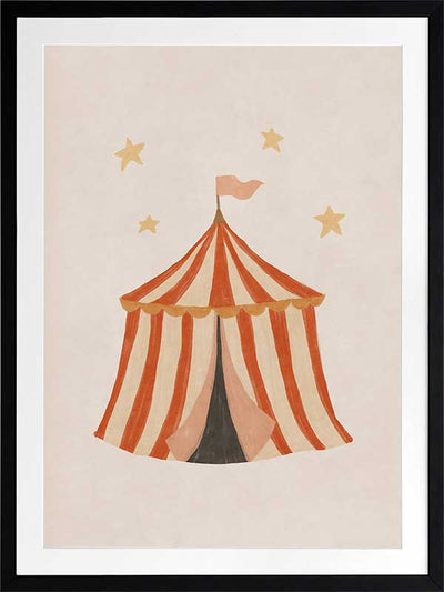 Striped circus tent with stars and a little flag rendered in soft neutral orange tones, from the Little Tails Collection by Urban Road.